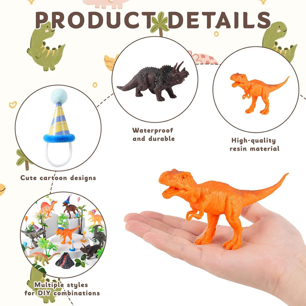 49 Pcs Dinosaur Birthday Cake Decorations, 8 Dinosaur Cake Topper with 1 Volcanic 8 Birthday Hat 8 Mini Balloon Decorations 24 Green Artificial Plant Decorations