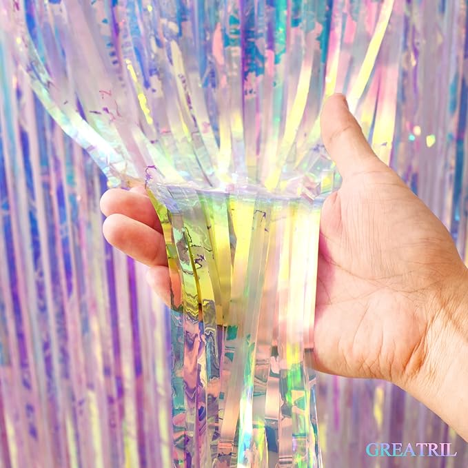 Iridescent Party Streamers Backdrop - GREATRIL Neon Transparent Holographic Tinsel Foil Fringe Curtain for Mermaid/Frozen/Sea/Euphoria/ERAS Party Theme Decorations 3.2ft x 6.5ft 2 PCS