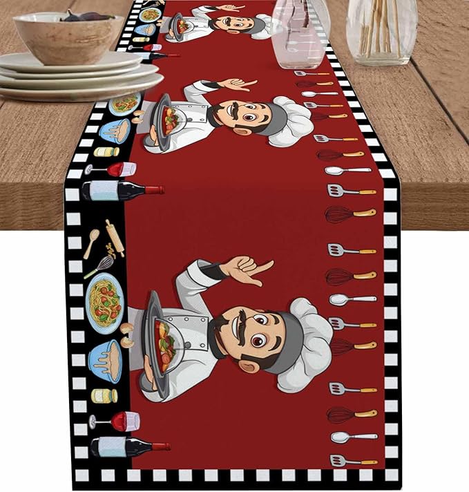 Red Chef Gourmet Cotton Linen Table Runner for Dining Kitchen, Wedding Outdoor Party Tablerunners Decoration, Black White Check Plaid Funny Kitchen Dresser Scarf Coffee Tablecloth Runners 13x72 Inches