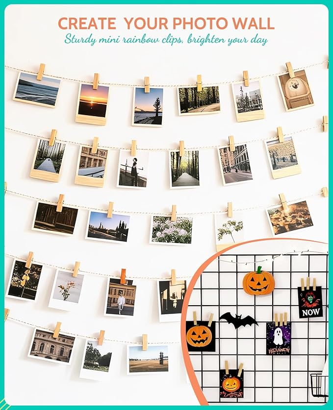 Mini Clothespins, Sopito 100 Pcs 1.4'' Strong Wooden Mini Clips for Photos with 10 Pcs Washi Tapes and 43 Ft Jute Twine, Colorful Small Clothes Pin for Picture, Crafts, Baby Shower