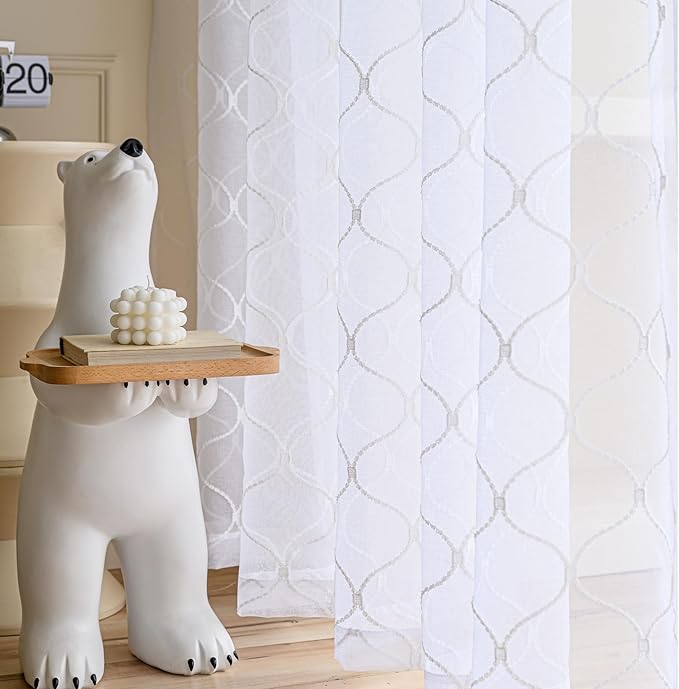 Sheer Curtains White 63 Inches Embroidered Wave Diamond, Rod Pocket Voile Drapes for Living room, Bedroom, Window Treatments Semi Crinkle Curtain Panels for Yard, Villa, Parlor, Set of 2, 52"x 63".