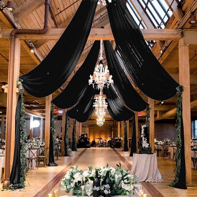 MODFUNS Black Ceiling Drapes Wedding Arch Draping Fabric 5x20ft 6 Panels Chiffon Sheer Ceiling Curtain Elegant Ceiling Draping Fabric for Wedding Ceremony Party Ceiling Decoration