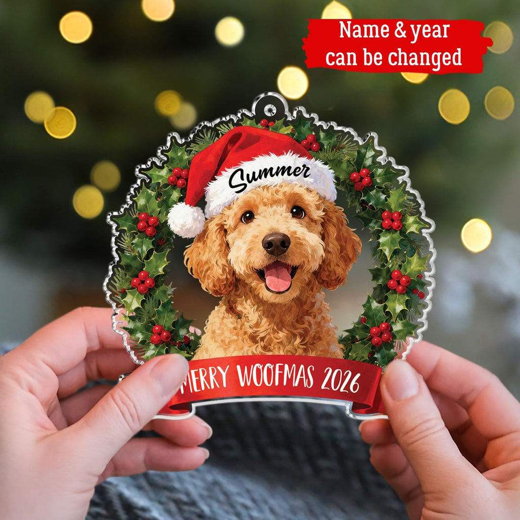 Personalized Goldendoodle Dog Christmas Ornament, Dog Wearing Santa Hat 2D Flat Acrylic Ornament, Gift for Dogs Dad Mom Pet Owners, Merry Woofmas 2026 Custom Name & Text Brown Goldendoodle Ornaments