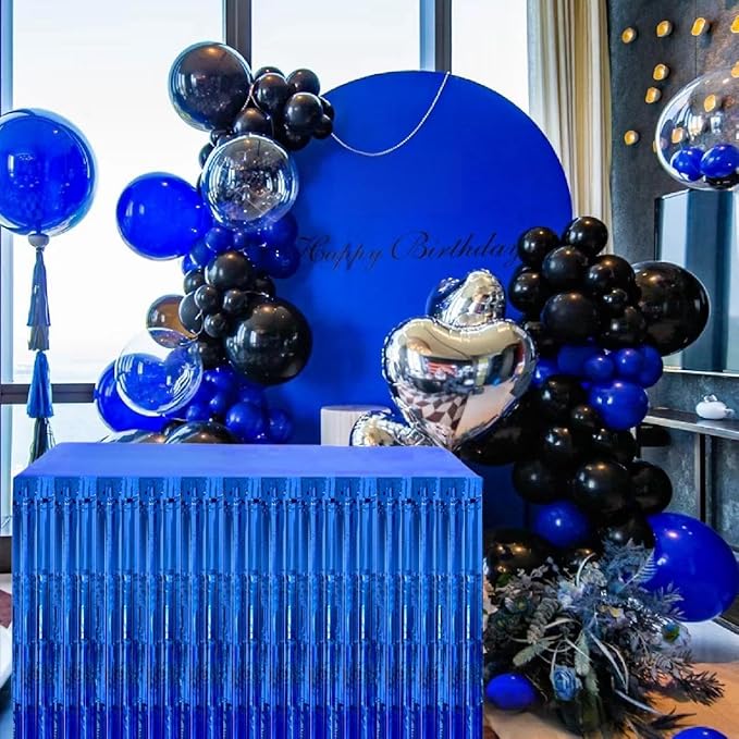 Blue Streamers Party Decorations, 2 Packs Blue Table Skirts Metallic Foil Fringe Tinsel for Birthday Under the Sea Boy Baby Shower Float Parade Mardi Gras Graduation Party Supplies -29x108Inch