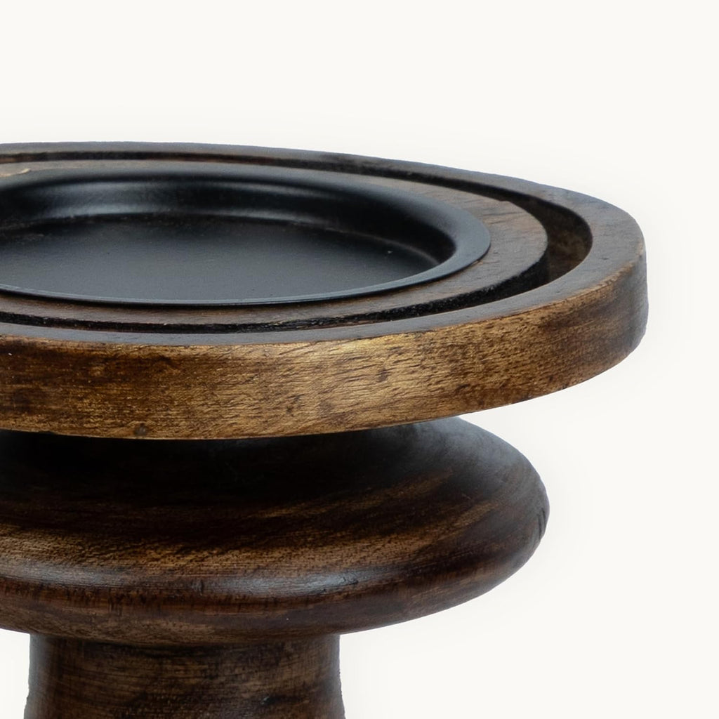 Wood Candle Holders Set of 2 Farmhouse Boho Pillar Candle Stands with Glass Covers Handmade Wooden Table Centerpiece Decor