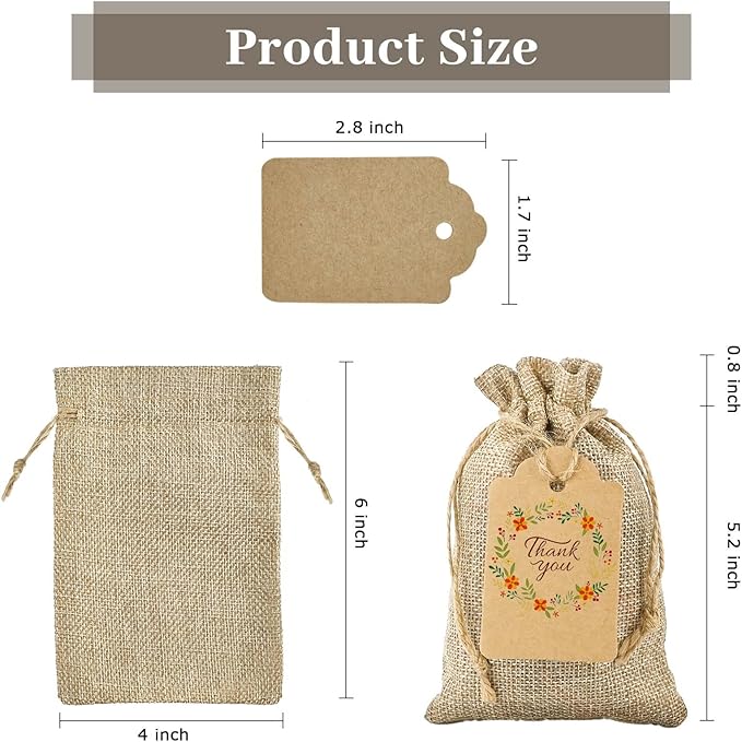 Jutieuo 25pcs Small Burlap Bags with Drawstring - 4x6 Inch Reusable Premium Linen Sacks Bags with Tag and String, Mini Gift Bag for Wedding Party Favor, Jewelry Pouches, Coffee, DIY Craft