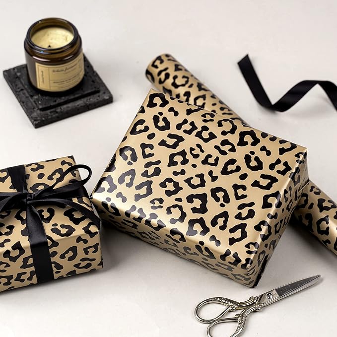 WRAPAHOLIC Reversible Leopard Wrapping Paper - Mini Roll - 17 Inch X 33 Feet - Leopard Print with Metallic Foil Shine and Stripe Design for Birthday, Holiday, Baby Shower
