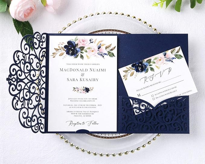 PONATIA 5.12 x 7.2 Laser Cut Invitation Pocket, 20PCS Tri-Fold 5 x 7 Laser Cut Wedding Invitation Pockets with Envelopes for Wedding Bbay Shower Birthday Sweet 16 Invite (Navy Blue, No Inner Sheet)