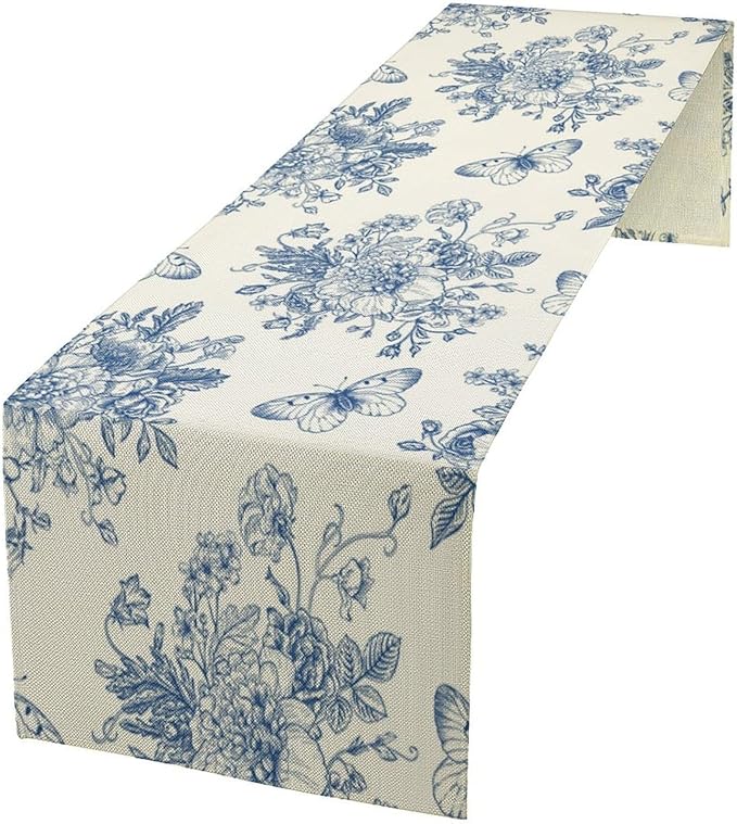 Monochrome Sketch Flowers Table Runner, Seasonal Spring Fall Plants Blue Florals Butterfly Dinner Runner for Home Kitchen Dining Table Party Holiday Decoration 13"x108"