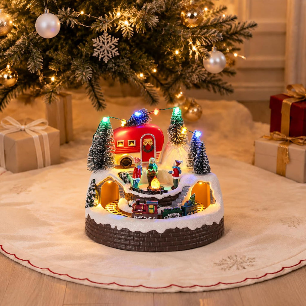 mumtop animated christmas village camper with moving train on a desk or shelf