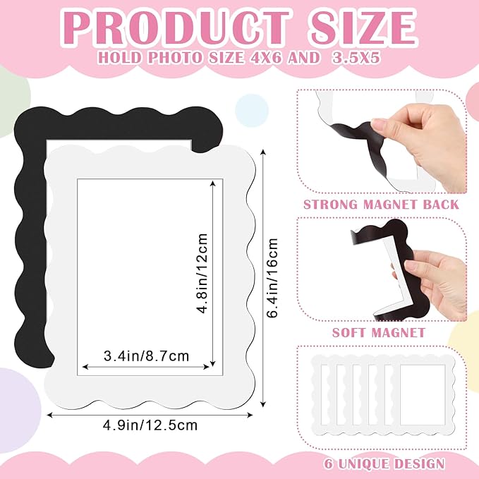 Kingdder 12 Pcs Scalloped Magnetic Picture Frame for Refrigerator 4 x 6 White Reusable Picture Frame Magnets Decorative Photo Holders for Fridge Home School Office Kitchen Locker Decor