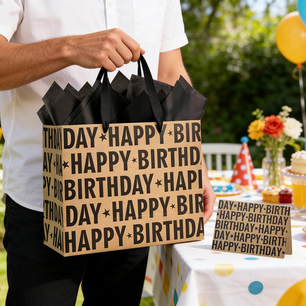 Yusenguan 13" Kraft Birthday Gift Bag with Tissue Paper and Greeting Card, Black Happy Birthday Lettering Design Gift Paper Bag for Men, Women, Kids (Black)