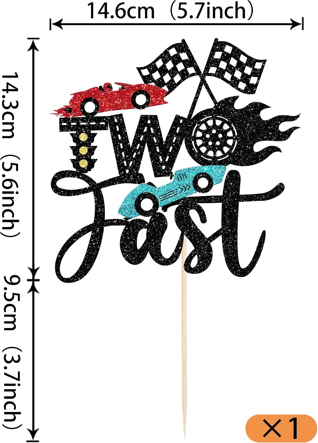 1 PCS Two Fast Cake Topper Glitter Checkered Flag Racing Car 2nd Cake Pick Cars Birthday Decorations for Let's Go Racing Car Boys Girls 2 Years Second Birthday Party Cake Decorations Supplies