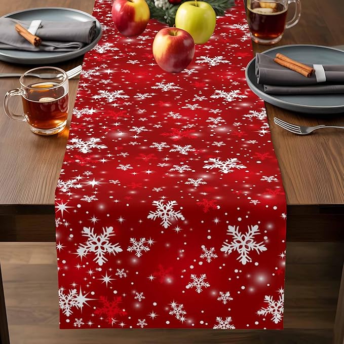 Christmas Snowflakes Cotton Linen Table Runner for Dining Kitchen, Red Xmas Winter Snow Wedding Outdoor Party Tablerunners Decoration, New Year Dresser Scarf Coffee Tablecloth Runners 13x60 Inches
