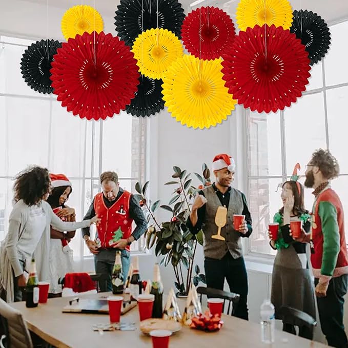 18 Pcs Red Yellow Black Hanging Paper Fan, Hanging Honeycomb Round Paper Fans for Weddings, Birthdays, Christmas, Baby Showers, Classroom, Events Ceiling Party Supplies Decorations