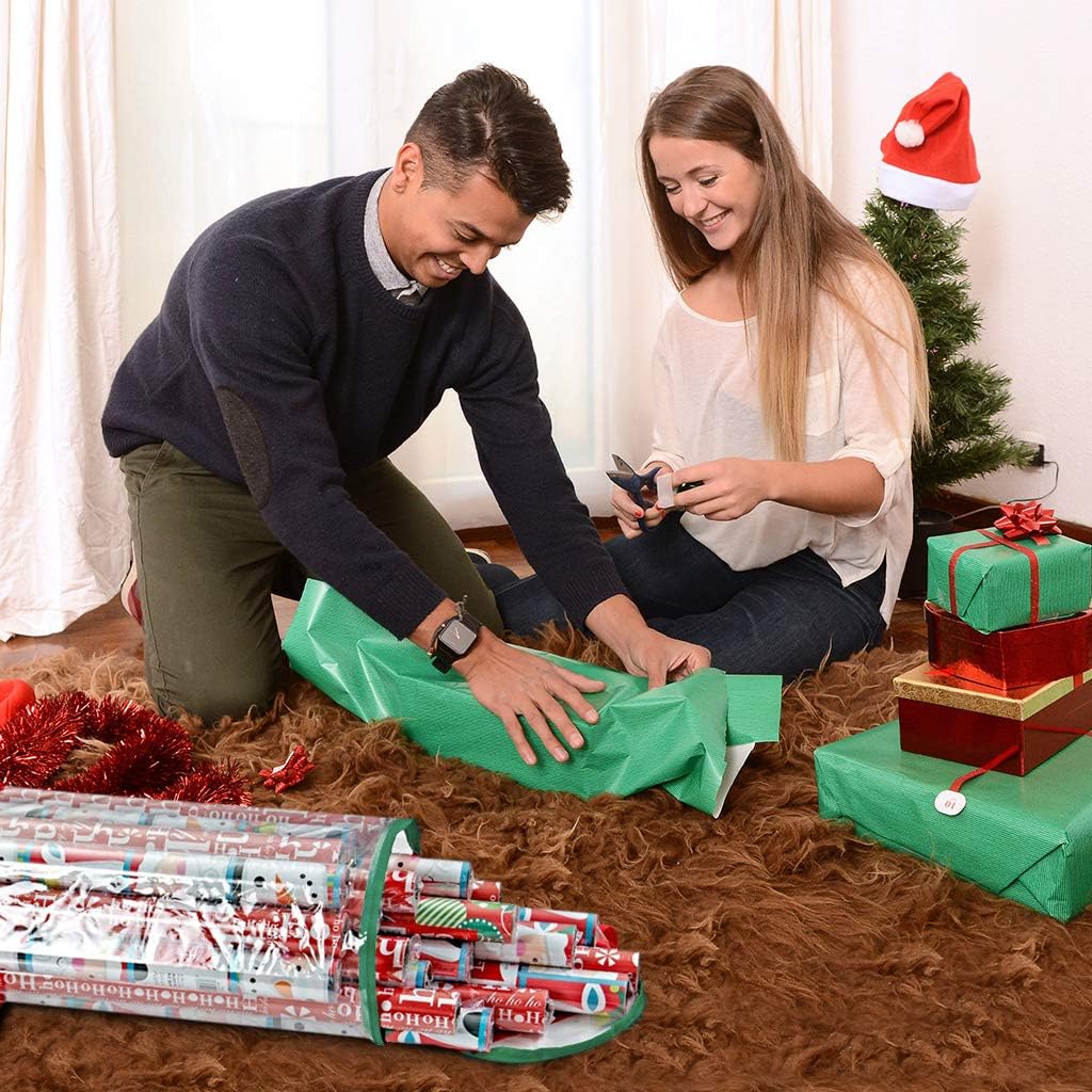 ProPik Christmas Wrapping Paper Storage Bag, Organizer Fits Up to 24 Rolls 40 Inch, Clear Heavy Duty PVC Bag with Handles and Zippered Top for Gift Wrap and Ribbons (Green)