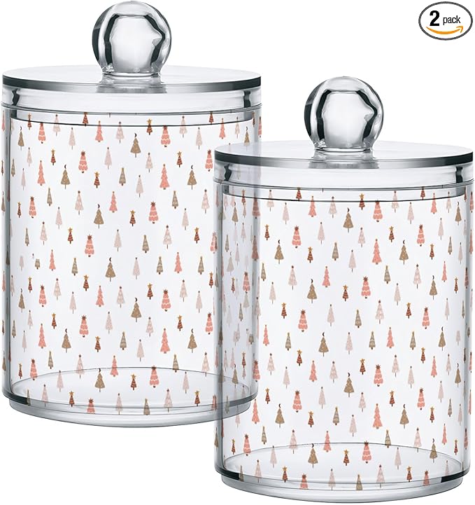 Gredecor 2 Pack Qtip Holder Clear Pastel Christmas Tree Pink Forest Apothecary Jars with Lids Acrylic Christmas Winter Bathroom Jars Vanity Canister Storage Organizer for Cotton Ball,Swabs,Pads,Floss