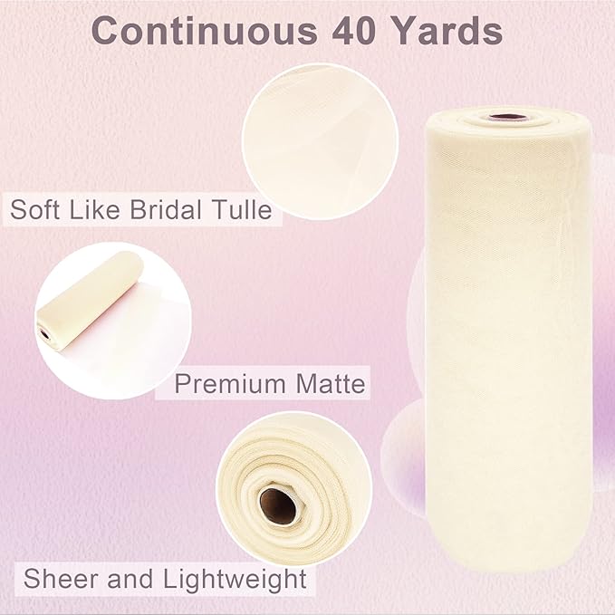 Ivory Tulle Fabric Roll Spool Bolt (54 Inch by 40 Yards) Large Tulle Wedding Party Decoration, Tutu Skirt, Table Runner, Gift Wrapping, Bridal Shower, Soft & Drape (Ivory)