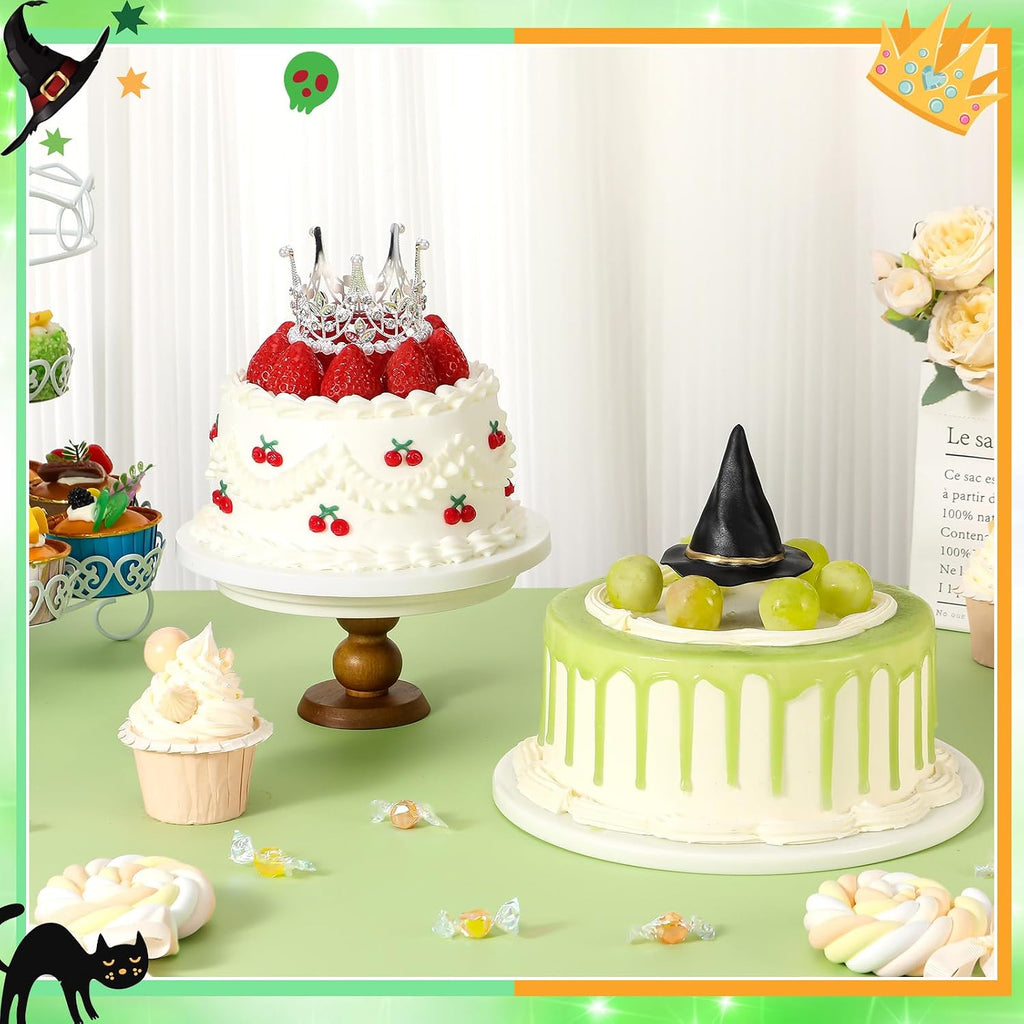 Reallnaive Witch Theme Party Cake Decoration Silver Crown Black Witch Hat Cake Topper Supplies for Movie Theme Party Princess Birthday Pink and Green Celebration Decoration (Cute Crown)