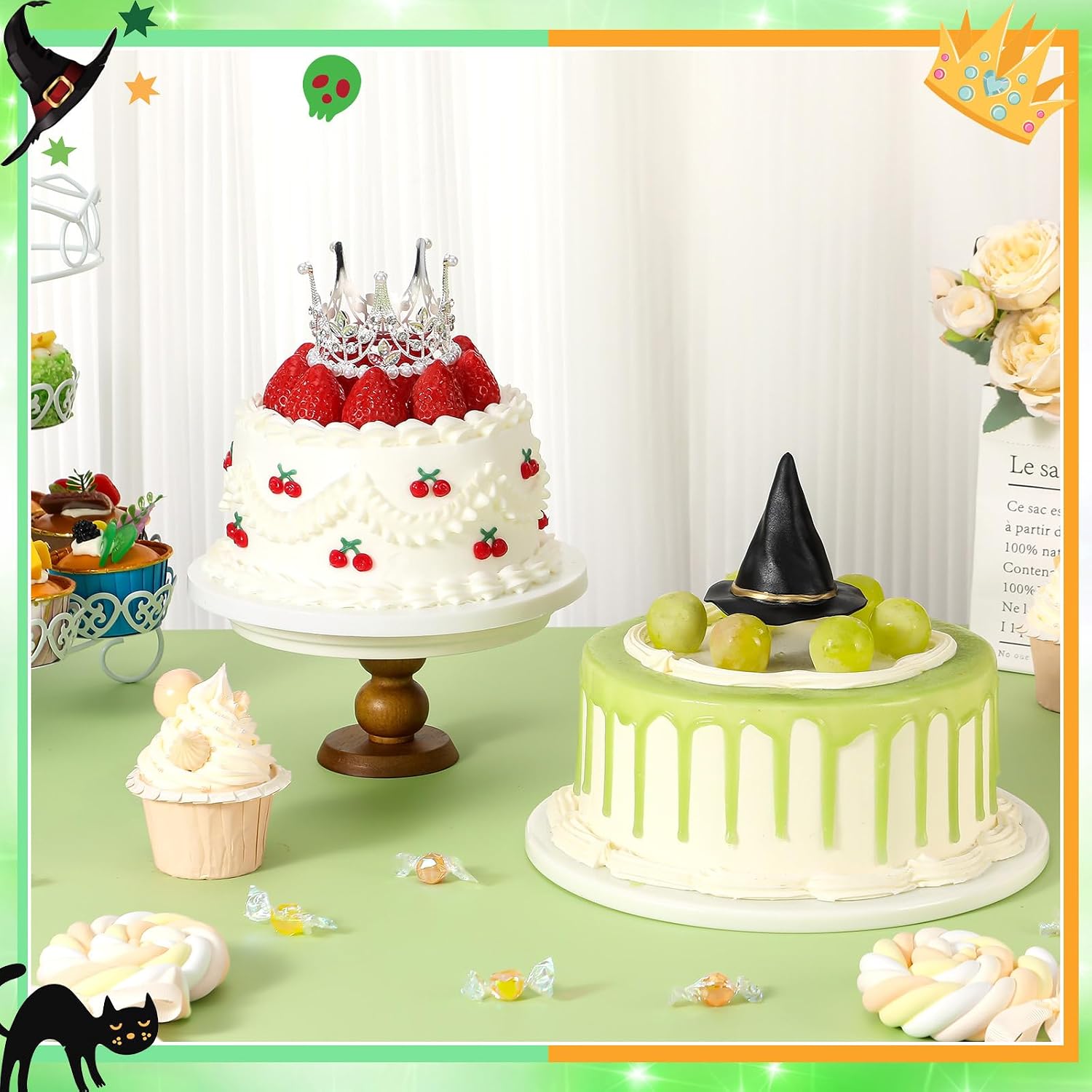 Reallnaive Witch Theme Party Cake Decoration Silver Crown Black Witch Hat Cake Topper Supplies for Movie Theme Party Princess Birthday Pink and Green Celebration Decoration (Cute Crown)
