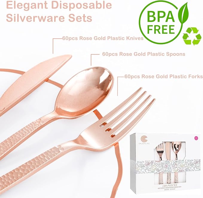 Supernal 180pcs Rose Gold Plastic Silverware Heavy Duty Plastic Forks and Spoons, Rose Gold Disposable Silverware Sets Include 60 Forks, 60 Knives and 60 Spoons Suitable for Wedding, Party, Birthday