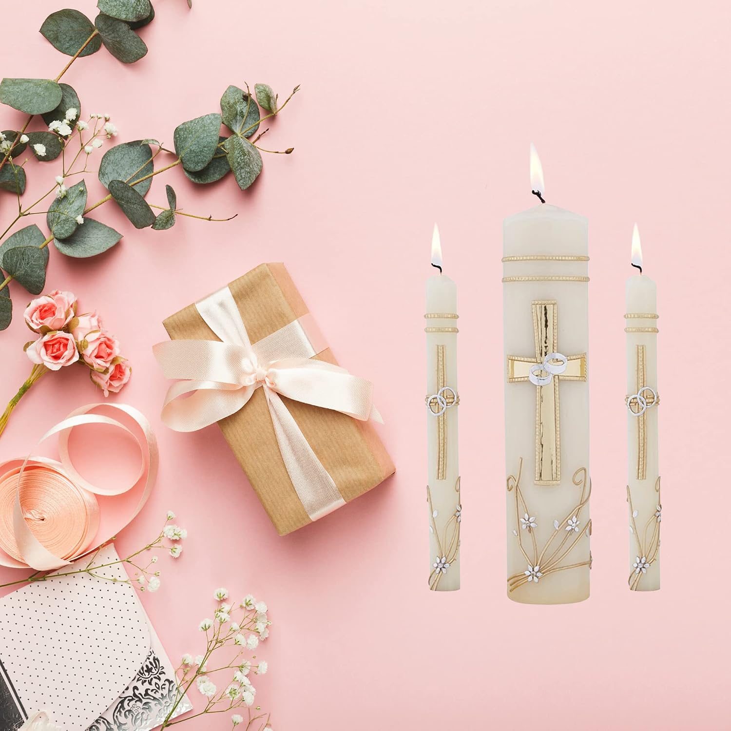 Needzo Wedding Unity Candle Set for Ceremonies, Gold Tone and Silver Toned Ornate Centerpiece Candles, 3 Pieces Included