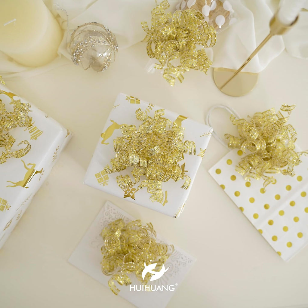HUIHUANG Gold Bows for Gift Wrapping Self Adhesive Metallic Christmas Gift Bows Gold and Silver Burst Curly Ribbon Bows for Presents, Treat Bags, Party Favors, Wedding Decor -5 inch x 6 Counts