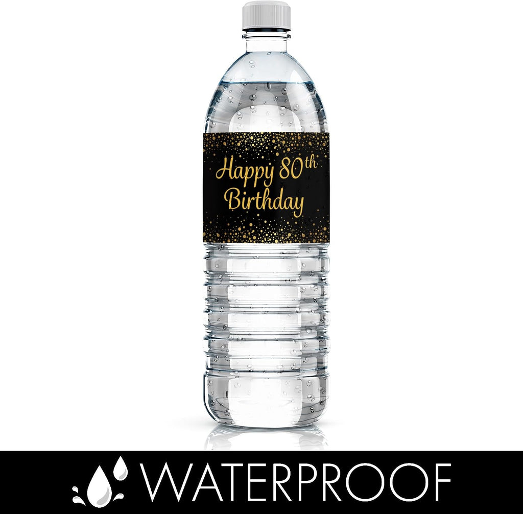 DISTINCTIVS Black and Gold 80th Birthday Water Bottle Labels – 20 Count – Waterproof – 80th Birthday Party Favors for Men and Women
