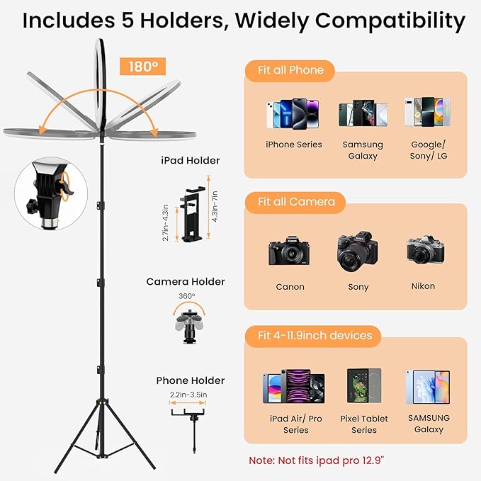 18" Foldable Ring Light with Stand for iPhone ipad, LED Display/2 USB Ports/4 Phone Tablet Holders, 2700-6500K Dimmable Ring Light for Tattoo Barber Makeup Studio Video Recording Photography