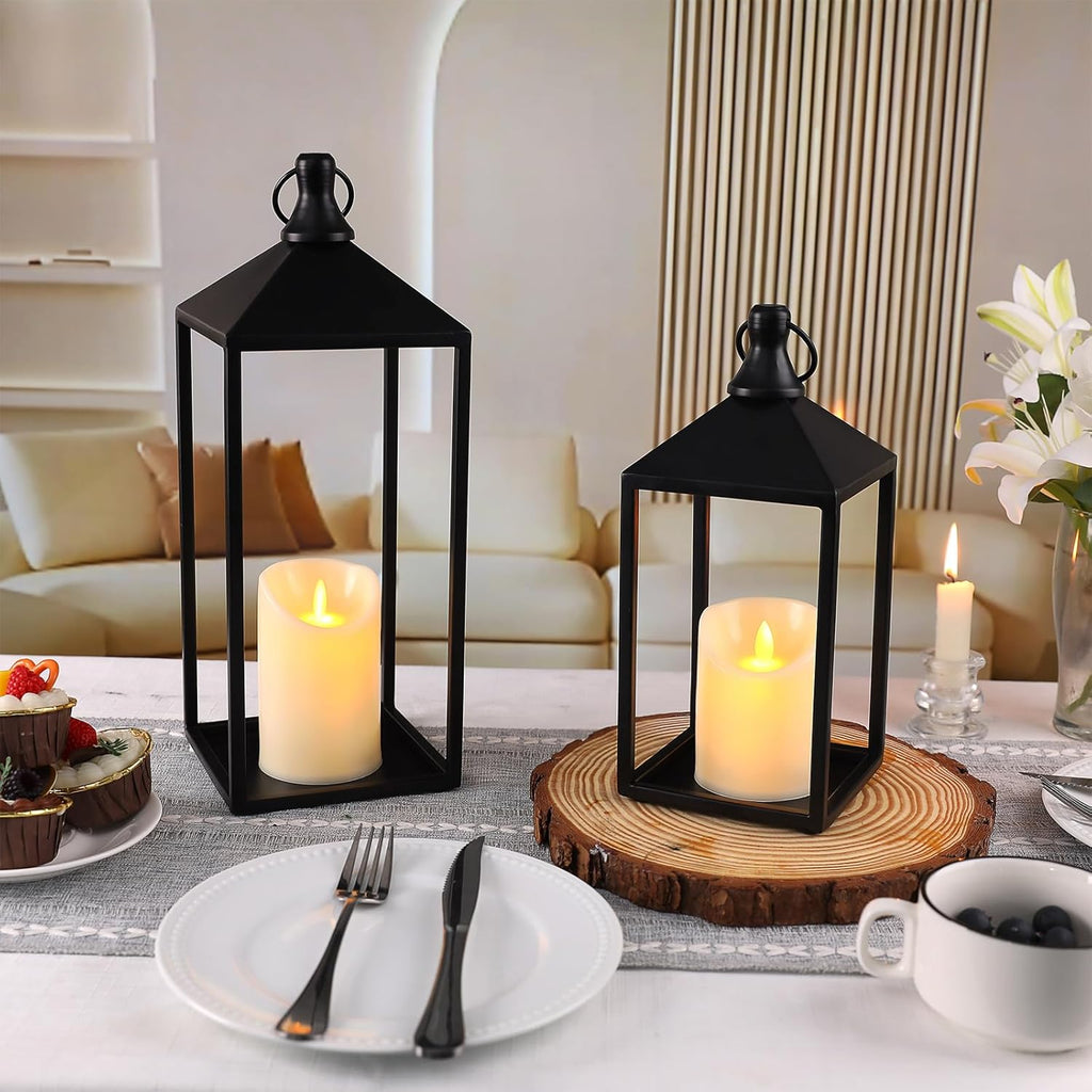 MATAHUM 2pcs Farmhouse Lantern Decor with LED Flickering Flameless Candles - Black Metal Lanterns Decorative for Home Decor, Fireplace Mantle or Table Centerpiece, Halloween Christmas Lantern Decor