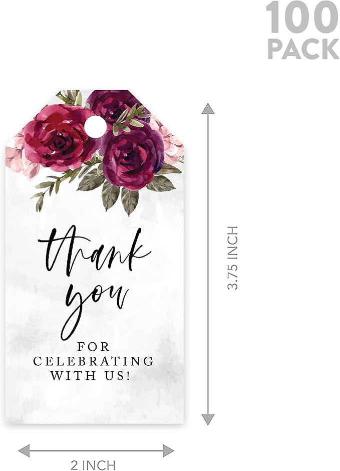 Andaz Press 100-Pack Thank You for Celebrating with Us Favor Tags Burgundy Florals Cardstock Gift Tags with Bakers Twine for Wedding Baby Shower Bridal Shower Birthday Party Favors 2 x 3.75-Inches