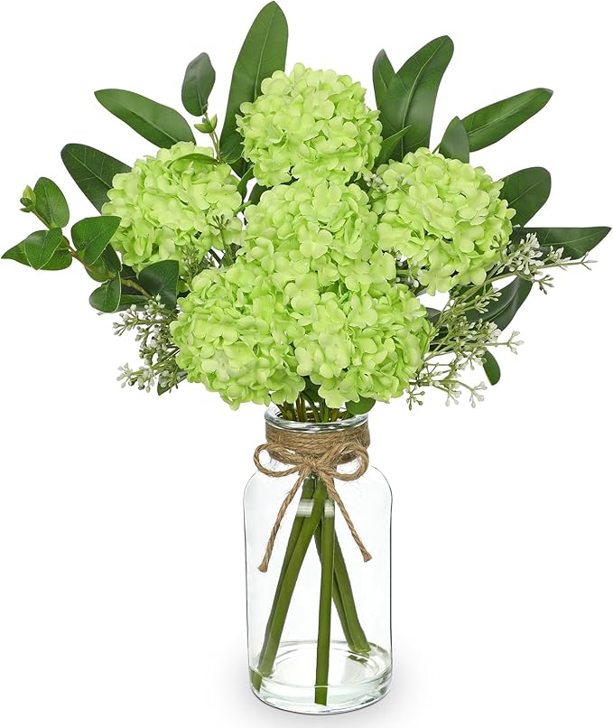 Hollyone Green Hydrangea Artificial Flowers in Clear Glass Vase with Faux Water Silk Hydrangeas Fake Flowers Floral Arrangement for Home Bathroom Kitchen Office Table Centerpiece Shelf Decorations