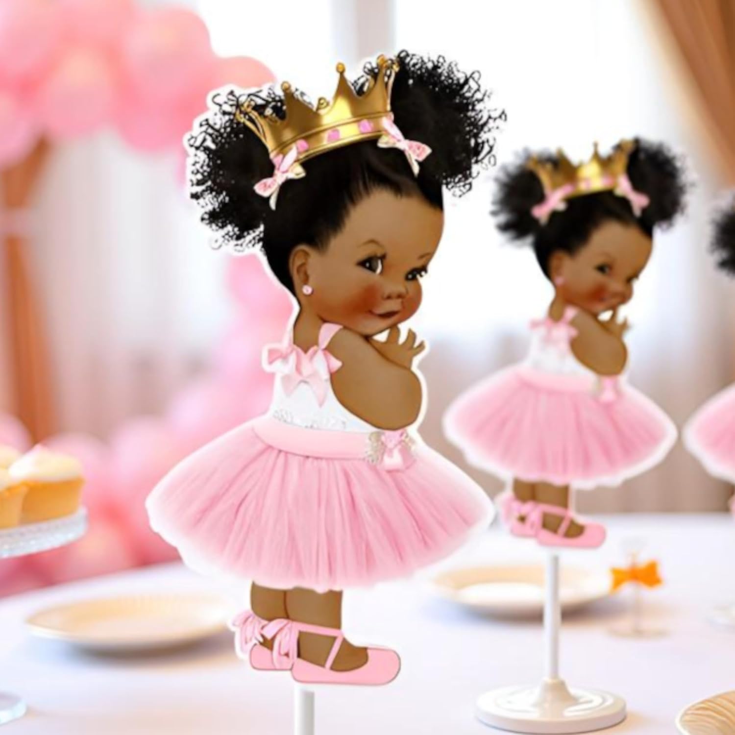 Little Princess Centerpieces Baby Shower Table Decoration 10 inches Pink Gold African American Black Royal Birthday Cake Topper (4)