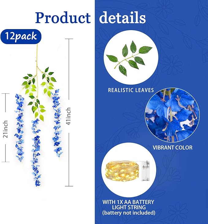 12 Pack Royal Blue Wisteria Hanging Flowers Garland with Lights, 3.44 Feet Artificial Flower Vines, Fake Wisteria, Artificial Vines Hanging Garland for Backdrop Outdoor Patio Garden Decor