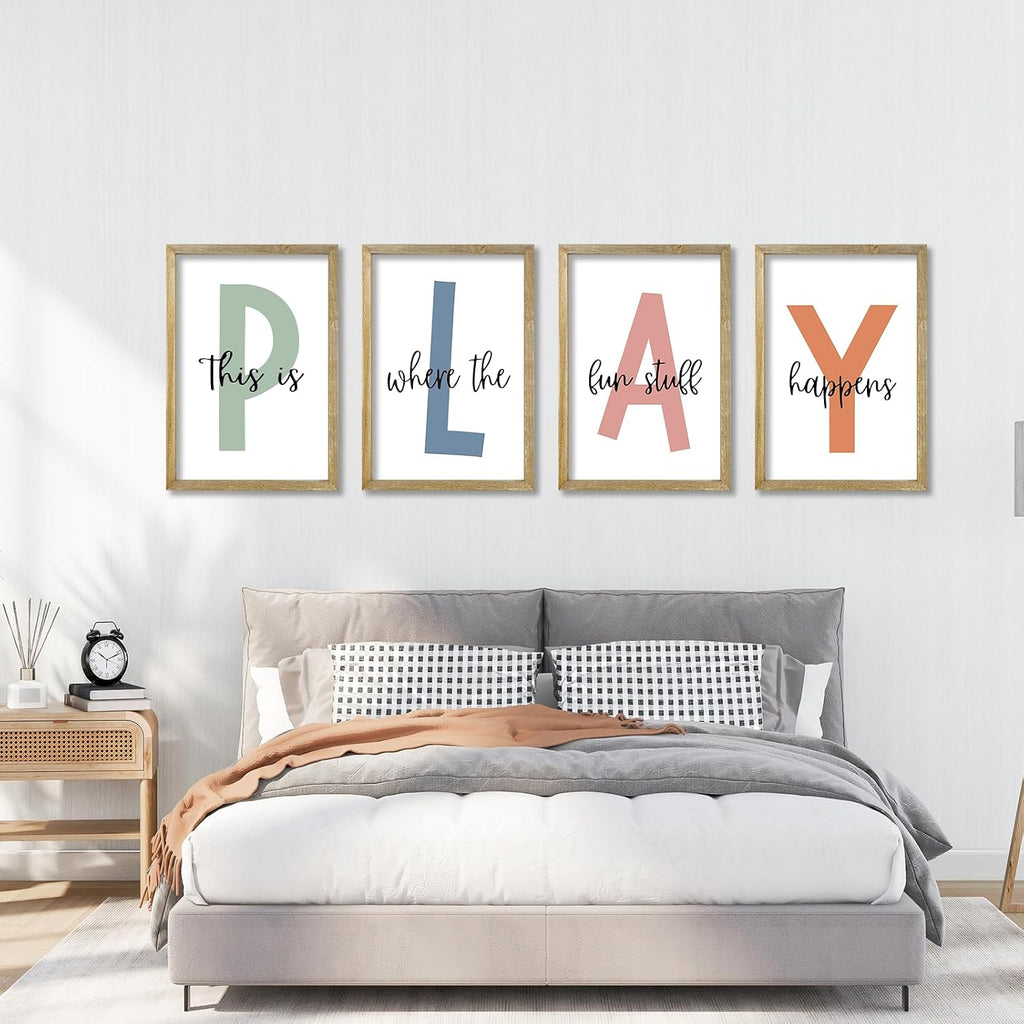This Is Where The Fun Stuff Happens Kids Playroom Wall Art Decor 16x11 Inch Set Of 4 Rustic Kids Wood Framed Sign Toddler Modren Nursery Interesting Let's Play Prints Wall Hanging (Wood)