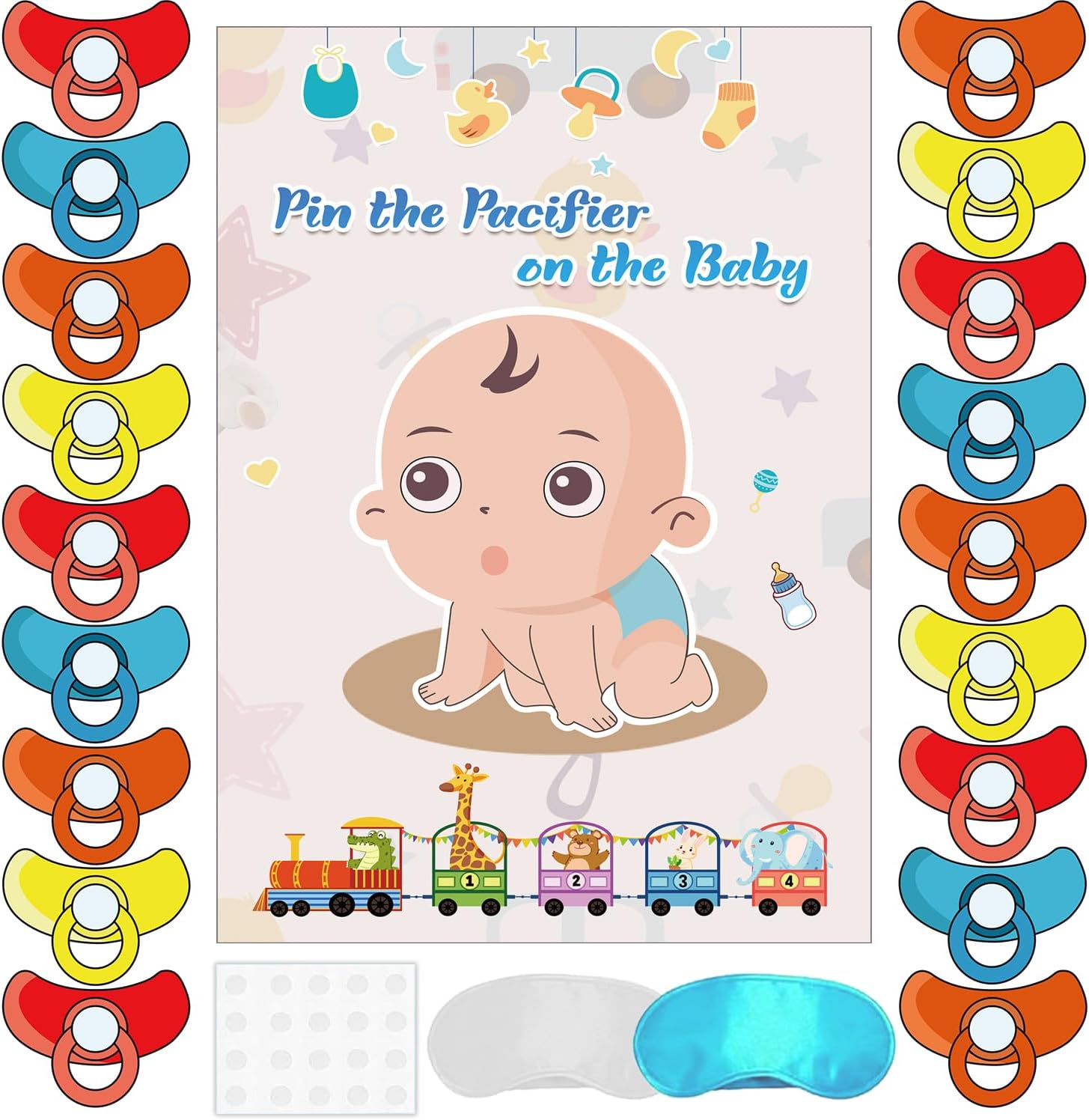 T-Antrix Pin The Pacifier on The Baby Game -Baby Shower Party Games with 21'' x 28'' Poster, Reusable Pacifiers Party Supplies for Kids Birthday Party Favor Sets