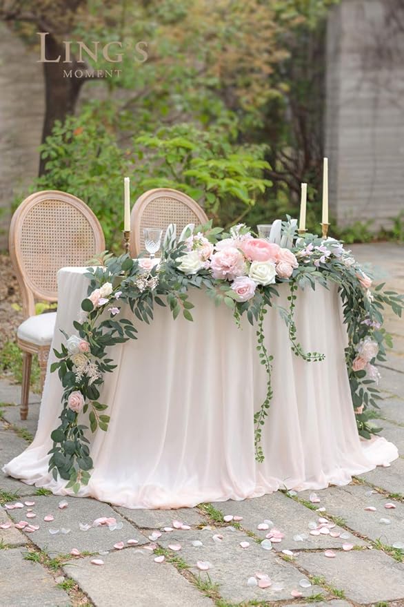 Ling's Moment 9FT Flower Garland for Backdrop Decorations - Wedding Arch Flowers, Eucalyptus & Rose, Artificial Floral Garland for Mantle - Sweetheart Table Decor for Ceremony Reception, French Pink