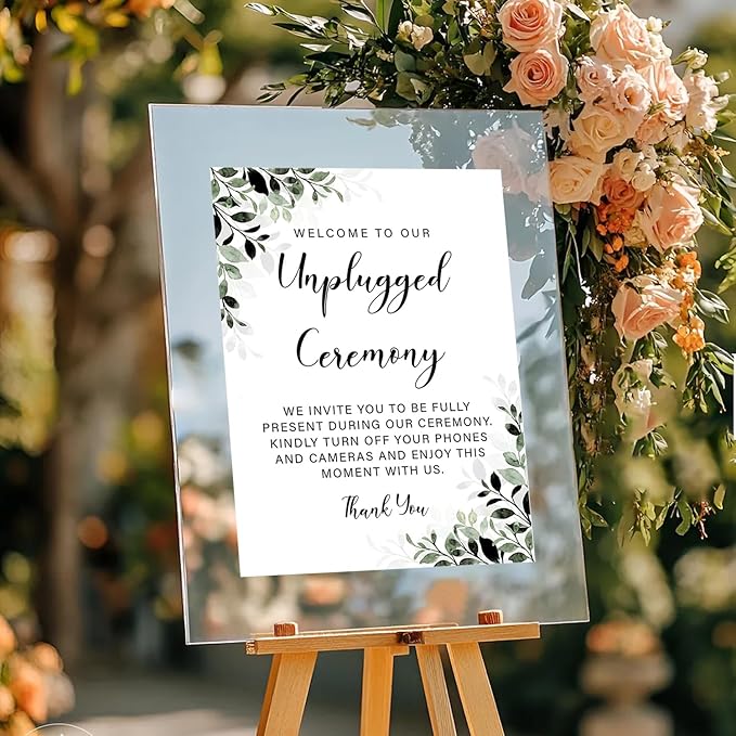 Unplugged Ceremony Wedding Sign – Elegant Greenery Design for Outdoor Weddings – Turn Off Phones & Cameras – Rustic Floral Yard Sign
