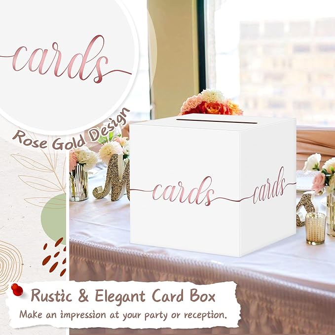 QIKSION White Wedding Card Box, Rose Gold Foil Gift Card Box for Party, Wedding Reception, Graduation, Birthday, Baby Shower, Raffle