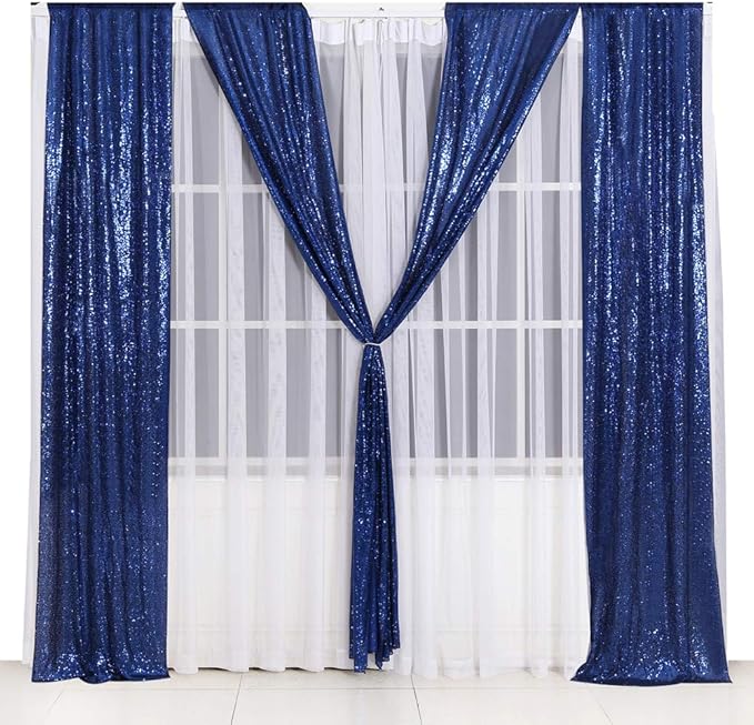 SquarePie Sequin Backdrop Non-Transparent Background Sparkly Curtain for Wedding Party 2FT x 8FT Navy Blue 2pcs