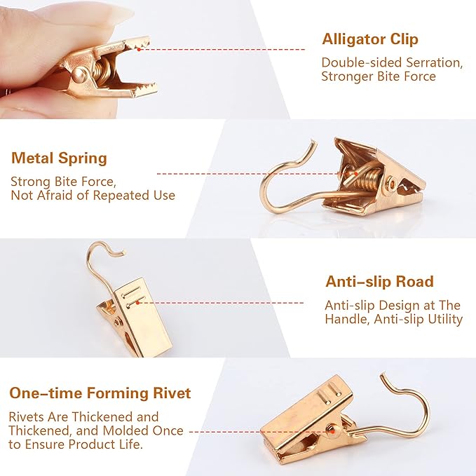 JANYUN 120 Pack Clip Hook Set Stainless Curtain Clips for Hanger Photo Light Home Decoration Art Craft Dispaly Hang Clip (Gold)