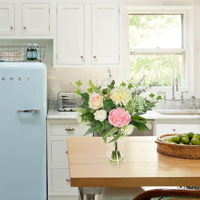 Briful Artificial Floral Arrangement with Faux Water – 19.7” Tall Mixed Peony, Rose, Dahlia & Eucalyptus Fake Flowers in Vase – Faux Flower in Glass Vase for Home Table Centerpiece Decoration