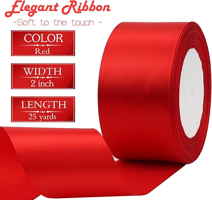 Red Solid Satin Ribbon 2 Inch 25 Yards Solid Polyester Fabric Ribbon for Gift Wrapping Wedding Christmas Baby Shower Birthday Party Decoration Handmade Immortal Flower Craft