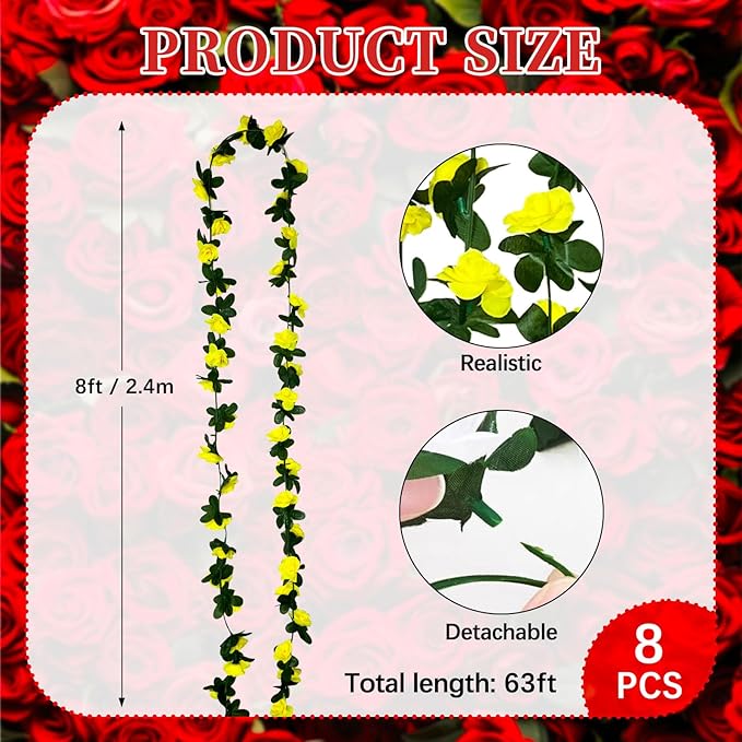 16Pcs 126Ft Yellow Rose Garland, Fake Rose Hanging Flowers, Artificial Flower Vine, Hanging Floral Vine Garland for Wedding, Birthday Party, Wall Arch, Halloween, Christmas Garden Backdrop Decor