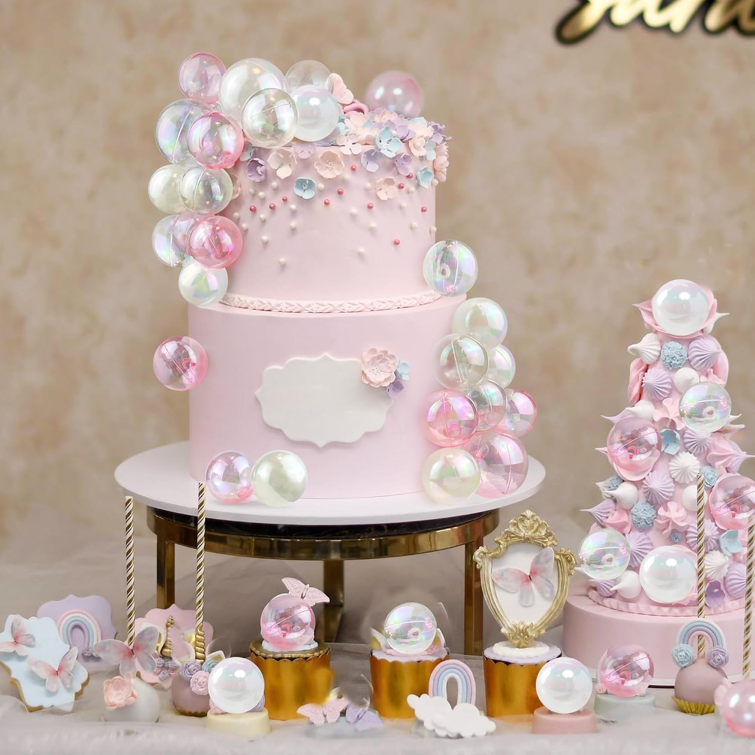 32 PCS Colorful Ball Shaped Cake Topper Pearl Balls Cupcake Cake Insert Topper for Birthday Party Wedding Decoration (White Clear Pink)
