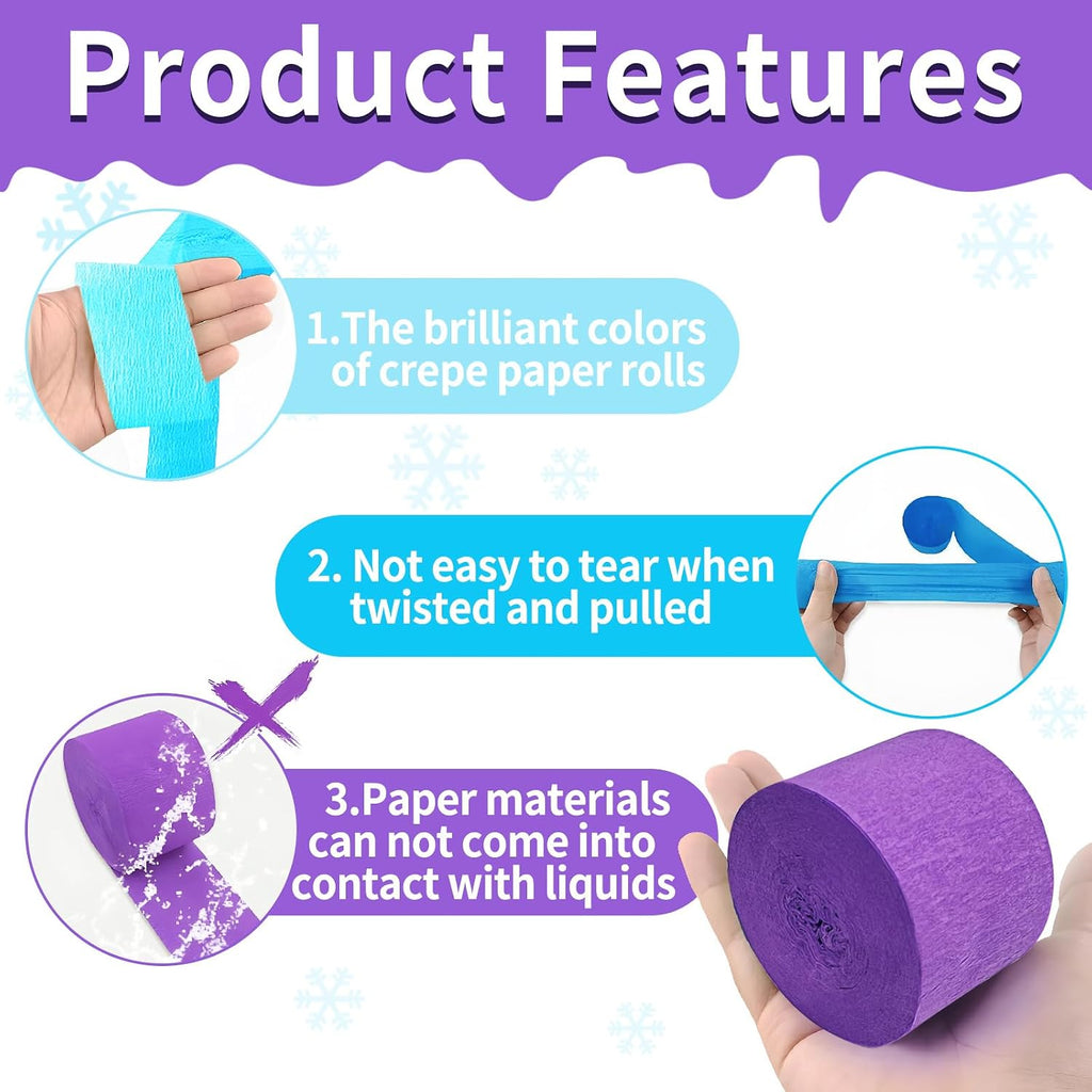 Frozen Birthday Party Decorations, 8 Rolls Purple Blue White Crepe Paper Streamers for Winter Princess Christmas Holidays Party Decoration
