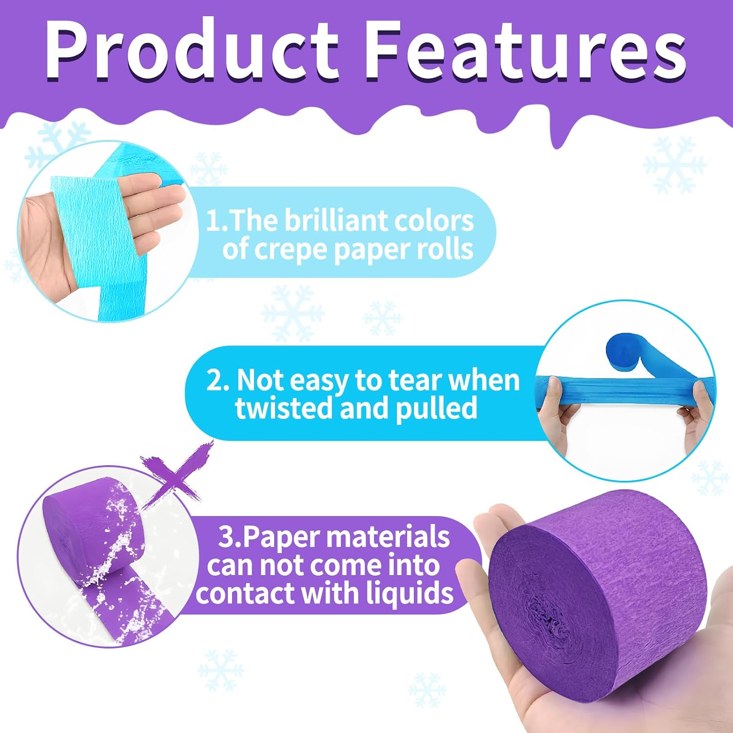 Frozen Birthday Party Decorations, 8 Rolls Purple Blue White Crepe Paper Streamers for Winter Princess Christmas Holidays Party Decoration