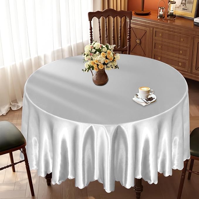 KKJIAF 1 Pack 60 Inch / 5ft Round Table Cloth, Silver Overlay Round Satin Table Cover, Silky Satin Dining Tablecloths for Wedding Buffet Parties Banquet Decoration