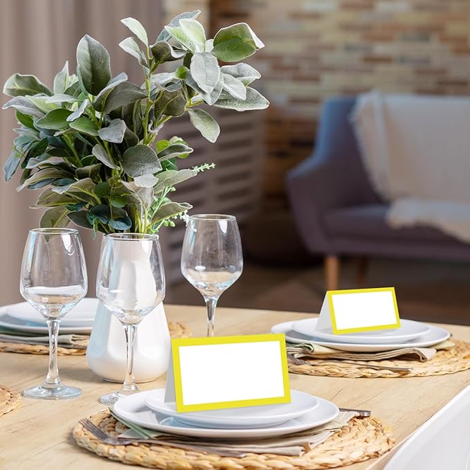 25 Pack Yellow Border Place Cards, Editable Name Cards for Table Setting, Tent Cards Food Label for Dinner Party, Bridal Shower, Wedding, Baby Shower and Events -T26