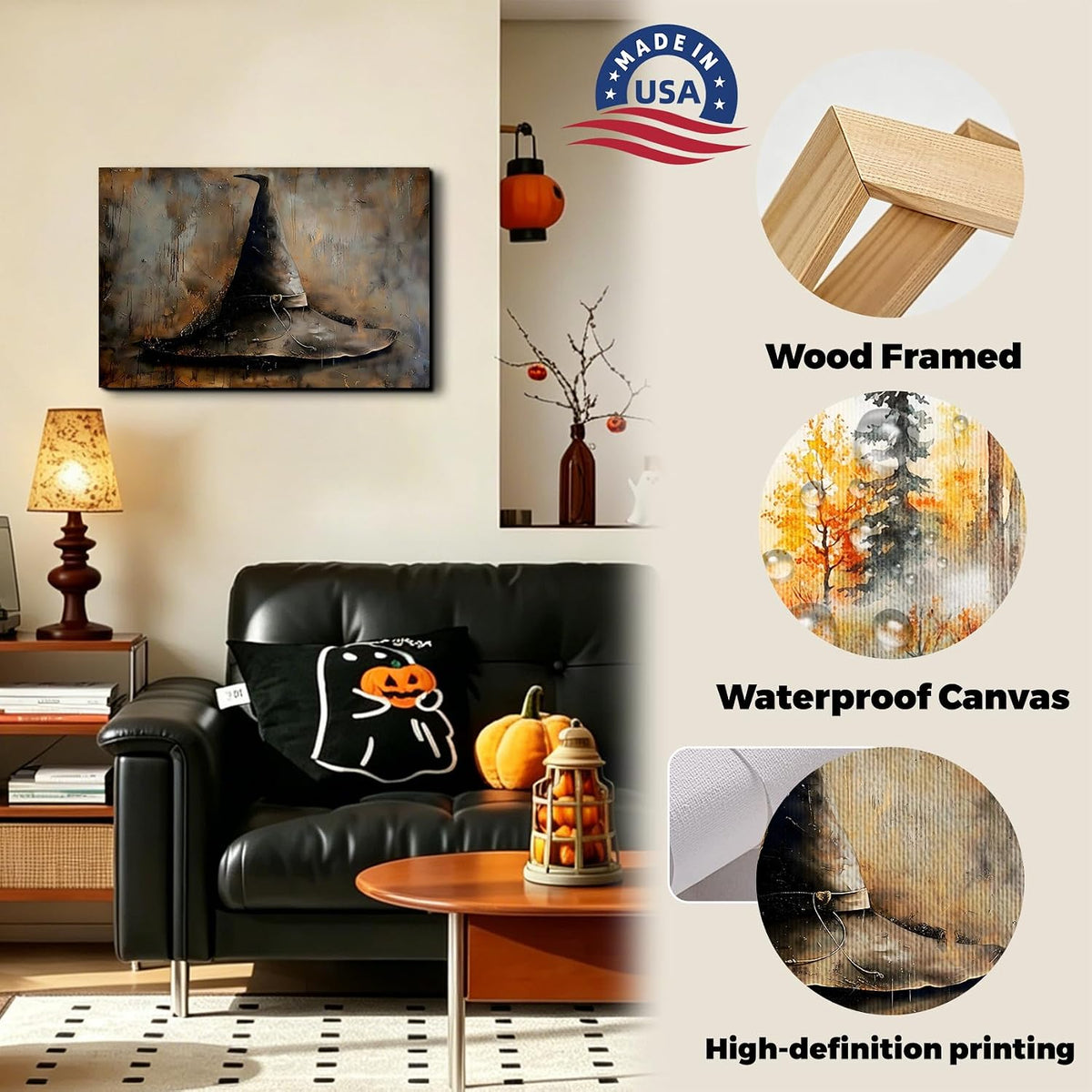 Framed Halloween Wall Art Witch Hat Canvas Prints Gothic Canvas Artwork Vinta...